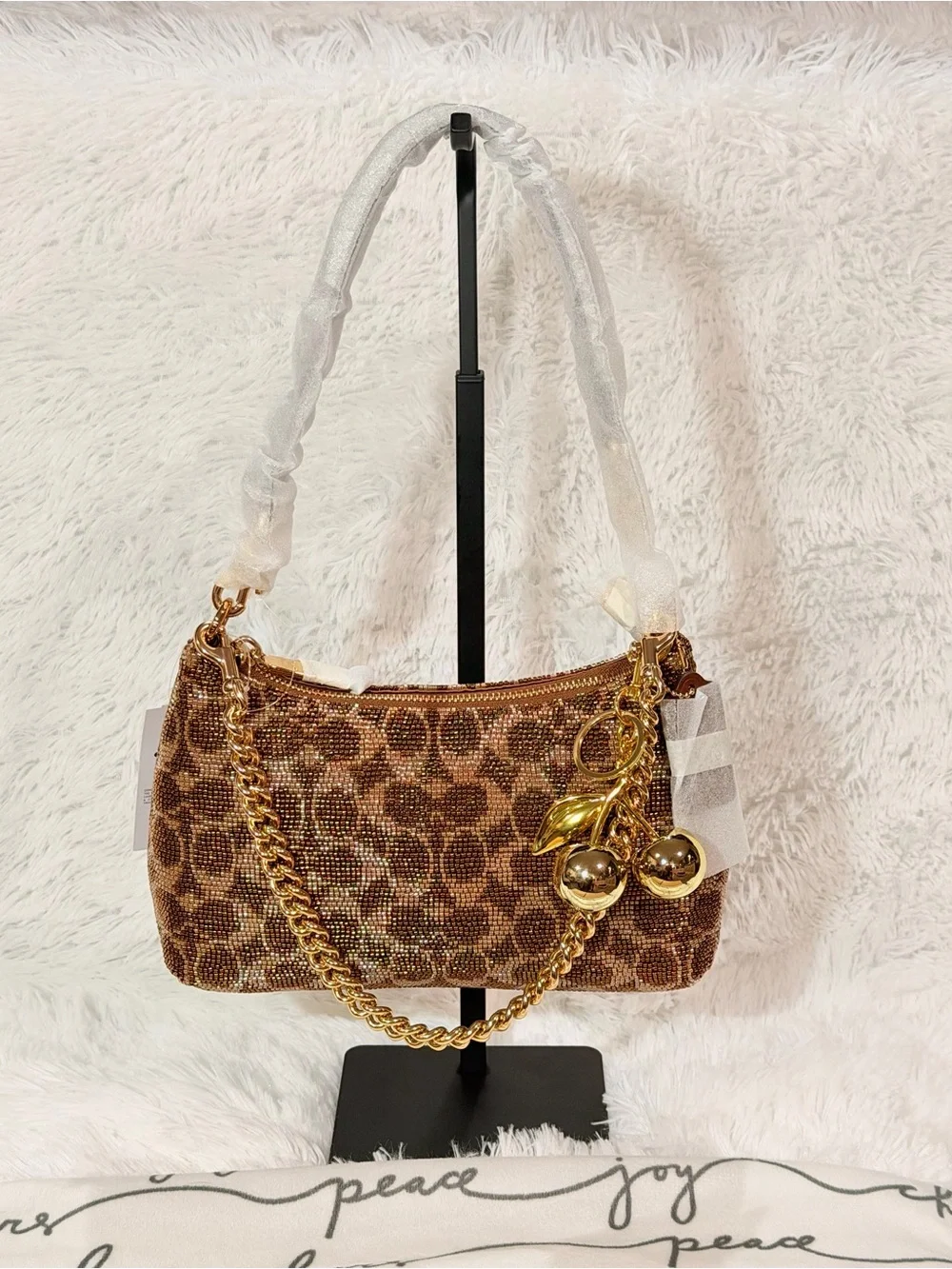 Coach Teri Shoulder Bag In Signature Beaded Satin brown / gold NWT